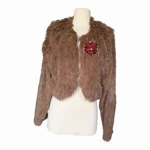 Vintage Shane Lee Faux Fur Cropped Jacket Light Brown Floral Pin Medium